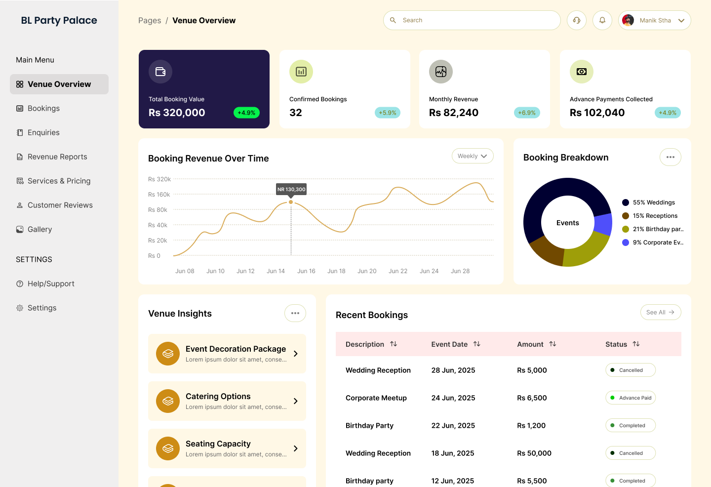 BL Party Palace venue booking website and admin dashboard